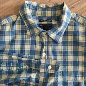 Gap Slim Fit Men's L Blue Plaid Button Front Long Sleeve Shirt